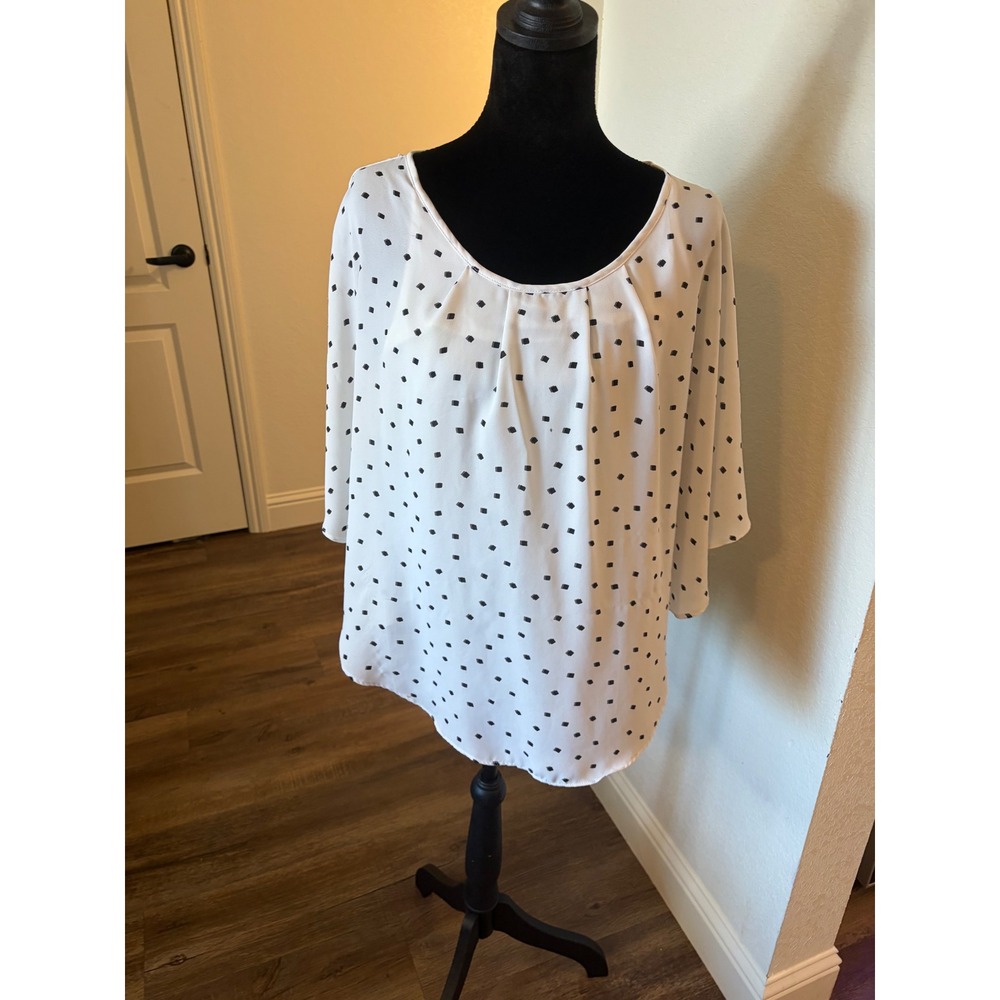 Elle White Black Diamond Print Layered Blouse Kimono Sleeve Tank Top Large